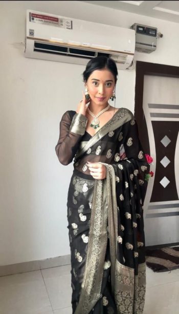RICH LOOK LINEN SLUB  WEAVING WORK SAREE WITH UNSTITCHED BLOUSE BLACK
