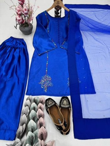 RICH LOOK NATURAL CREPE EMBROIDERY SEQUENCE WORK TOP PATIYALA WITH DUPATTA BLUE