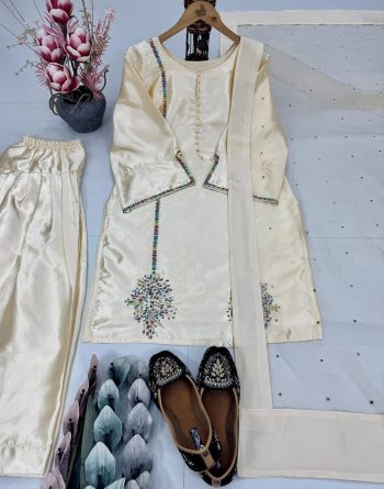 RICH LOOK NATURAL CREPE EMBROIDERY SEQUENCE WORK TOP PATIYALA WITH DUPATTA OFF WHITE