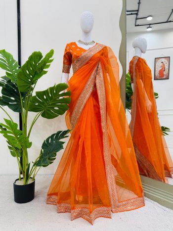 RICH LOOK ORGANZA SILK THREAD AND SEQUENCE WORK WITH LCD DIAMOND WORK SAREE WITH UNSTITCHED BLOUSE ORANGE