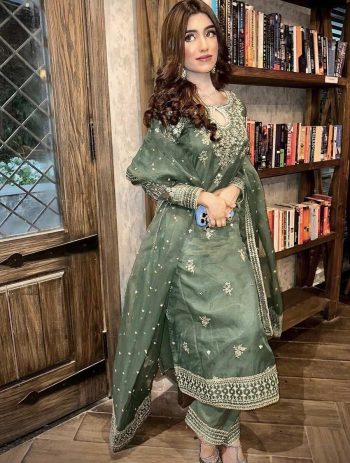 RICH LOOK ORGANZA SILK ZARI AND SEQUENCE EMBROIDERY WORK TOP PALAZZO WITH DUPATTA MEHNDI