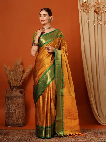 RICH LOOK PURE AURA COTTON SILK WEAVING WORK SAREE WITH UNSTITCHED BLOUSE ORANGE