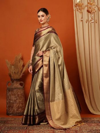 RICH LOOK PURE AURA COTTON SILK WEAVING WORK SAREE WITH UNSTITCHED BLOUSE CREAM
