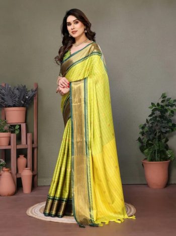 RICH LOOK PURE AURA COTTON SILK WEAVING WORK SAREE WITH UNSTITCHED BLOUSE PARROT GREEN