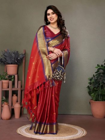 RICH LOOK PURE AURA COTTON SILK WEAVING WORK SAREE WITH UNSTITCHED BLOUSE RED