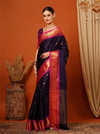 RICH LOOK PURE AURA COTTON SILK WEAVING WORK SAREE WITH UNSTITCHED BLOUSE NAVE BLUE