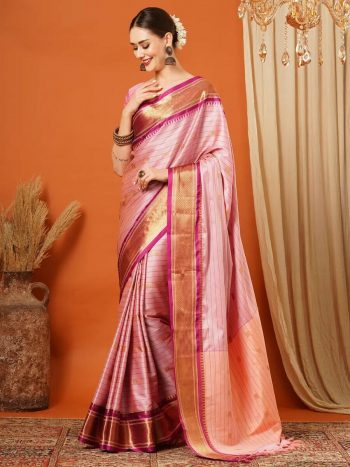 RICH LOOK PURE AURA COTTON SILK WEAVING WORK SAREE WITH UNSTITCHED BLOUSE BABY PINK