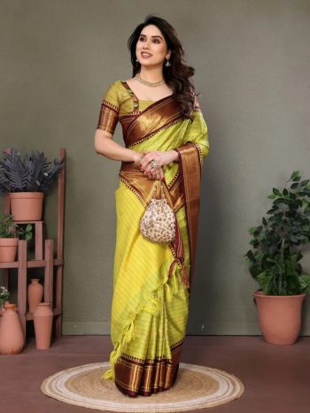 RICH LOOK PURE AURA COTTON SILK WEAVING WORK SAREE WITH UNSTITCHED BLOUSE YELLOW