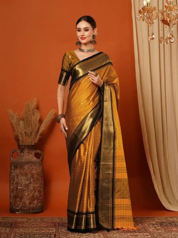 RICH LOOK PURE AURA COTTON SILK WEAVING WORK SAREE WITH UNSTITCHED BLOUSE ORANGE