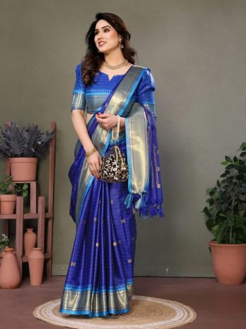 RICH LOOK PURE AURA COTTON SILK WEAVING WORK SAREE WITH UNSTITCHED BLOUSE BLUE