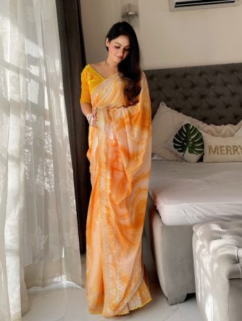 RICH LOOK RANGOLI SILK PRISM PRINTS WITH EMBROIDERY SEQUENCE WITH CUT BORDER WORK SAREE WITH STITCHED BLOUSE YELLOW