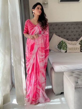 RICH LOOK RANGOLI SILK PRISM PRINTS WITH EMBROIDERY SEQUENCE WITH CUT BORDER WORK SAREE WITH STITCHED BLOUSE PINK