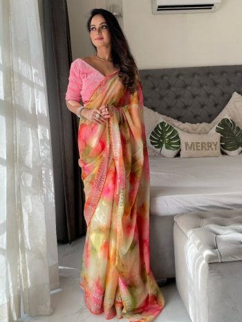RICH LOOK RANGOLI SILK PRISM PRINTS WITH EMBROIDERY SEQUENCE WITH CUT BORDER WORK SAREE WITH STITCHED BLOUSE RANI