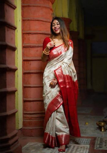 RICH LOOK SOFT LICHI SILK  JACQUARD WORK SAREE WITH UNSTITCHED BLOUSE OFF WHITE