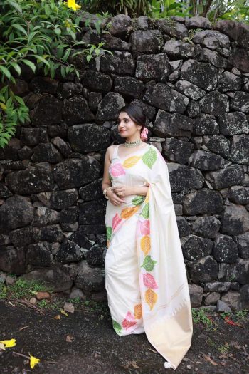 RICH LOOK SOFT LICHI SILK  JACQUARD WORK SAREE WITH UNSTITCHED BLOUSE WHITE