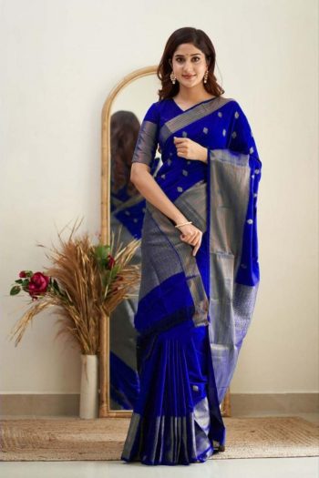 RICH LOOK SOFT LICHI SILK JACQUARD WORK SAREE WITH UNTITCHED BLOUSE BLUE