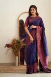 RICH LOOK SOFT LICHI SILK JACQUARD WORK SAREE WITH UNTITCHED BLOUSE NAVY BLUE