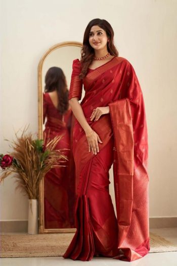 RICH LOOK SOFT LICHI SILK JACQUARD WORK SAREE WITH UNTITCHED BLOUSE RED