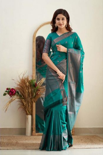 RICH LOOK SOFT LICHI SILK JACQUARD WORK SAREE WITH UNTITCHED BLOUSE RAMA