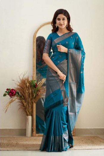 RICH LOOK SOFT LICHI SILK JACQUARD WORK SAREE WITH UNTITCHED BLOUSE SKY
