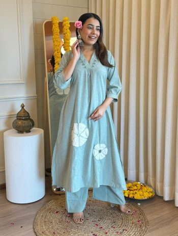RICH LOOK SOUTH COTTON REAL MIRROR HANDWORK TOP BOTTOM SET SKY