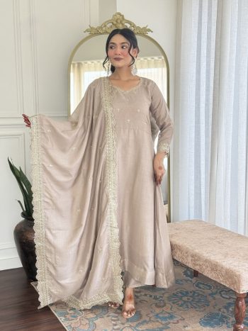 RICH LOOK VICHITRA EMBROIDERY WORK TOP BOTTOM WITH DUPATTA CREAM