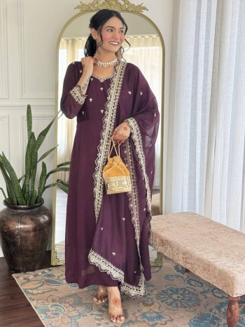 RICH LOOK VICHITRA EMBROIDERY WORK TOP BOTTOM WITH DUPATTA PURPLE