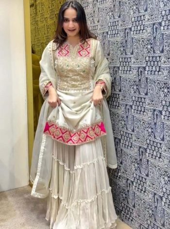 RICH LOOK VICHITRA SILK EMBROIDERY SEQUENCE AND CODING WORK TOP SHARARA WITH DUPATTA WHITE