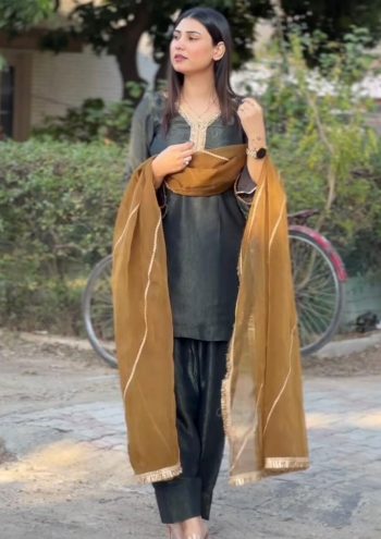 ROAMN SHIMMER SILK READY MADE LACE BORDER WORK TOP PATIYALA WITH DUPATTA BLACK