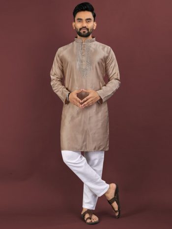 TRADITIONAL VISCOSE SILK EMBROIDERY SEQUENCE WORK MEN'S KURTA WITH PAYJAMA CHIKU