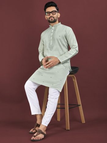 TRADITIONAL VISCOSE SILK EMBROIDERY SEQUENCE WORK MEN'S KURTA WITH PAYJAMA MINT