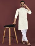 TRADITIONAL VISCOSE SILK EMBROIDERY SEQUENCE WORK MEN'S KURTA WITH PAYJAMA WHITE