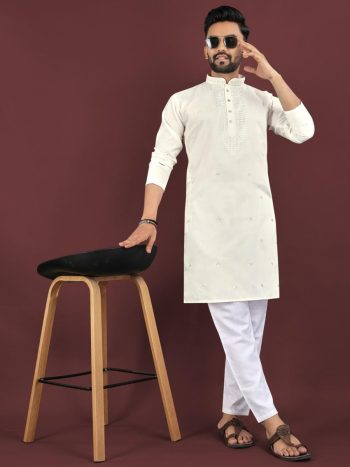 TRADITIONAL VISCOSE SILK EMBROIDERY SEQUENCE WORK MEN'S KURTA WITH PAYJAMA WHITE