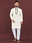 TRADITIONAL VISCOSE SILK EMBROIDERY SEQUENCE WORK MEN'S KURTA WITH PAYJAMA WHITE
