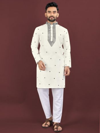 TRADITIONAL VISCOSE SILK EMBROIDERY SEQUENCE WORK MEN'S KURTA WITH PAYJAMA WHITE