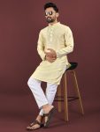 TRADITIONAL VISCOSE SILK EMBROIDERY SEQUENCE WORK MEN'S KURTA WITH PAYJAMA YELLOW