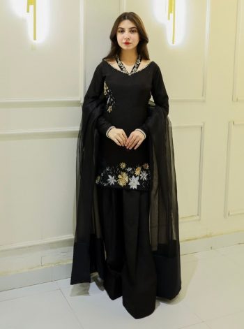 TRANDING CREEP SILK EMBROIDERY SEQUENCE WORK TOP PATIYALA WITH DUPATTA BLACK