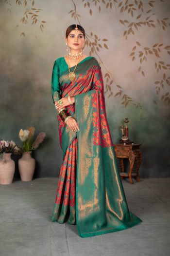 TRENDING  BANARASI SILK WEAVING SAREE WITH UNSTITCHED BLOUSE RED