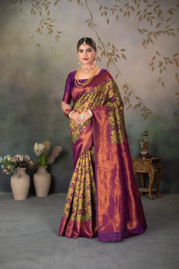 TRENDING  BANARASI SILK WEAVING SAREE WITH UNSTITCHED BLOUSE PISTA