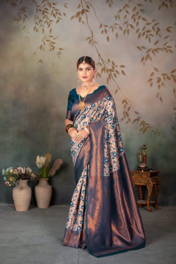 TRENDING  BANARASI SILK WEAVING SAREE WITH UNSTITCHED BLOUSE TEAL