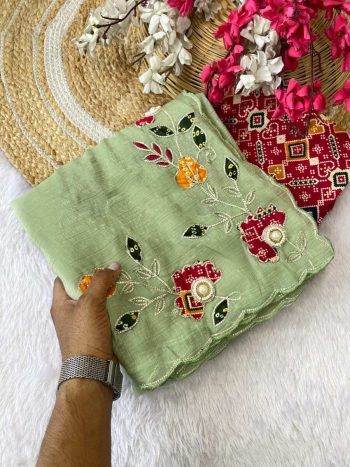 TRENDING CRUNCHY CHIFFON BUTTA MOTI WORK SAREE WITH UNSTITCHED BLOUSE PISTA