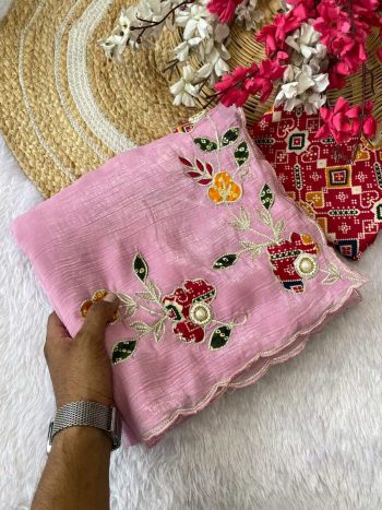 TRENDING CRUNCHY CHIFFON BUTTA MOTI WORK SAREE WITH UNSTITCHED BLOUSE BABY PINK