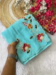 TRENDING CRUNCHY CHIFFON BUTTA MOTI WORK SAREE WITH UNSTITCHED BLOUSE SKY