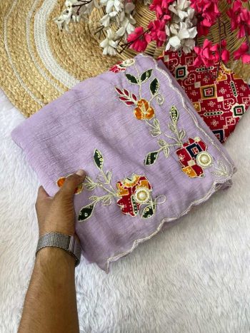 TRENDING CRUNCHY CHIFFON BUTTA MOTI WORK SAREE WITH UNSTITCHED BLOUSE LAVENDER