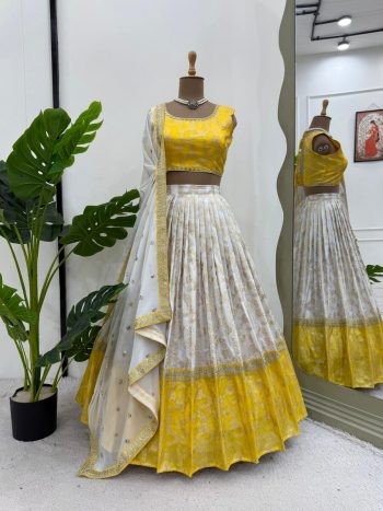 TRENDING JACQUARD CODING SEQUENCE WORK LEHNGA CHOLI WITH DUPATTA YELLOW