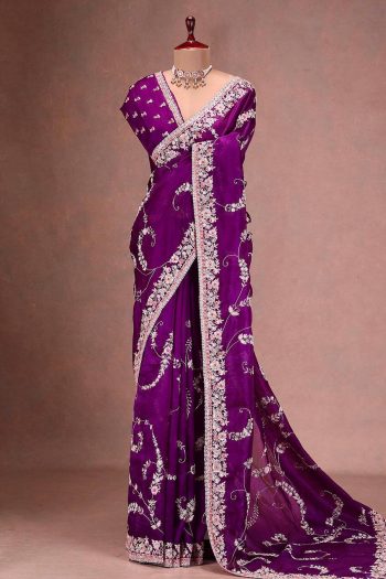 TRENDING JIMMY CHOO EMBROIDERY CODING AND SEQUENCE WORK SAREE WITH UNSTITCHED BLOUSE PURPLE