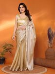 TRENDING JIMMY CHOO PAIN WITH FENCY LACE BORDER WORK SAREE WITH UNSTITCHED BLOUSE CREAM