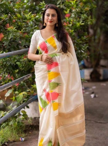 TRENDING LICHI SILK JACQUARD WORK  SAREE WITH UNSTITCHED BLOUSE WHITE