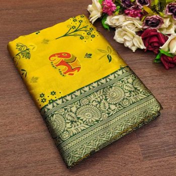 TRENDING SOFT LICHI SILK JACQUARD SAREE WITH UNSTITCHED BLOUSE YELLOW