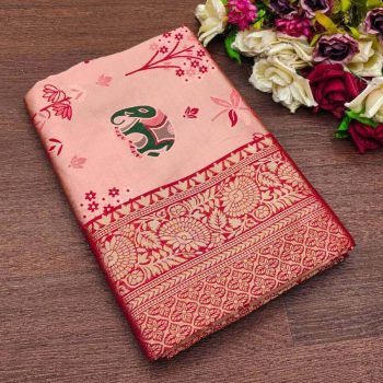 TRENDING SOFT LICHI SILK JACQUARD SAREE WITH UNSTITCHED BLOUSE PEACH